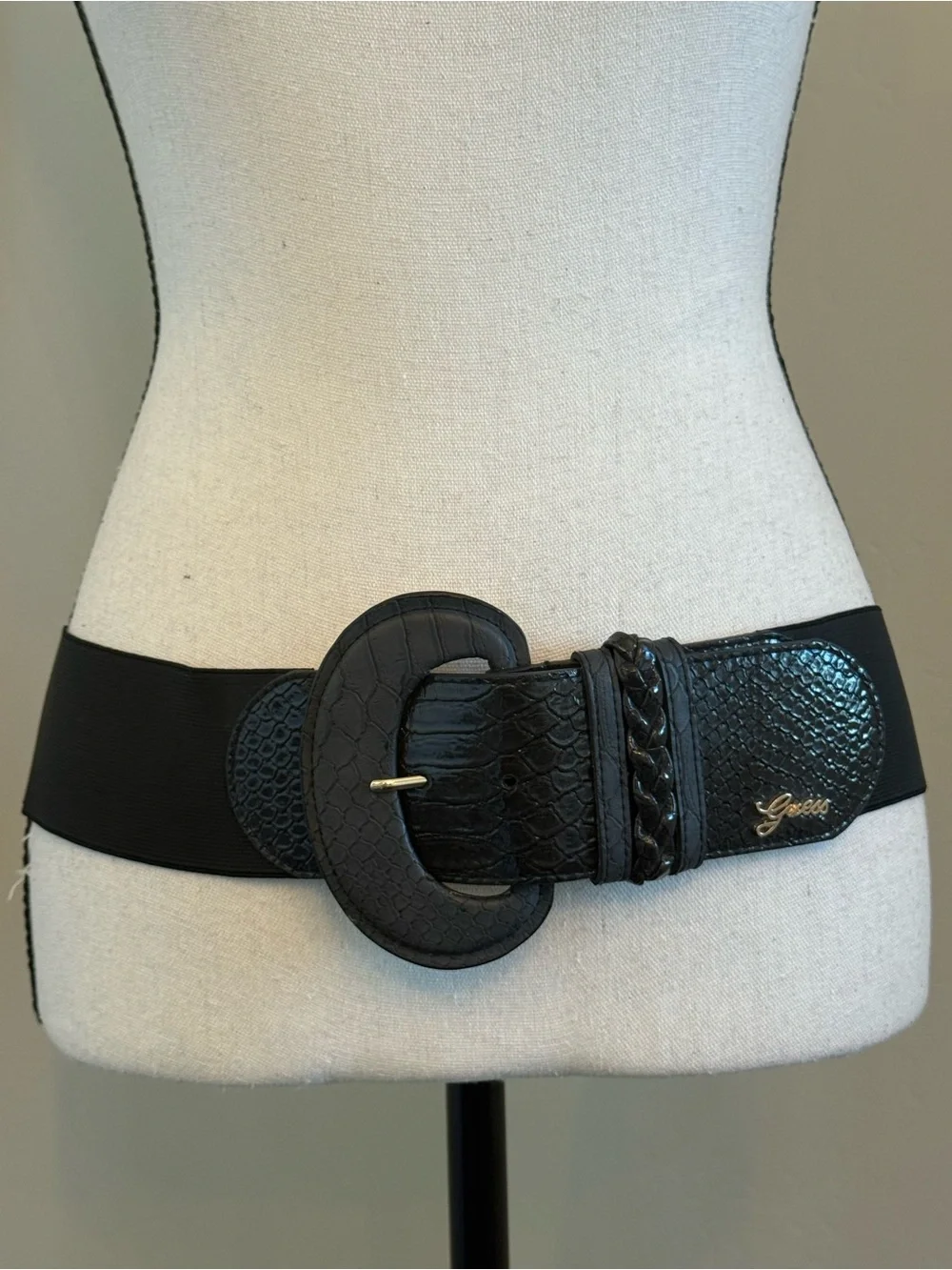 Guess Black Stretch Waist Belt Faux Snakeskin Wide Elastic Belt M/L